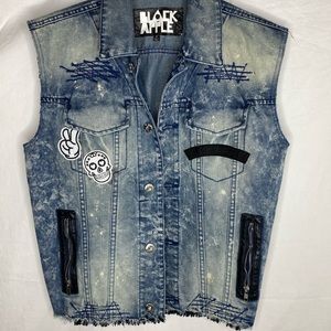 Black Apple Denim Vest with Patches
